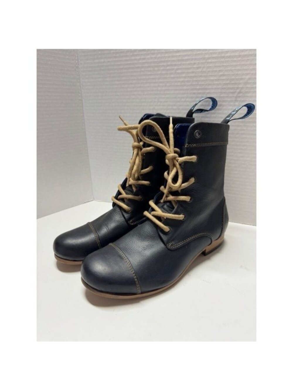John Fluevog Radio CBC Black Leather Lace Up Cap Toe Boots Blue Lining Mens 7